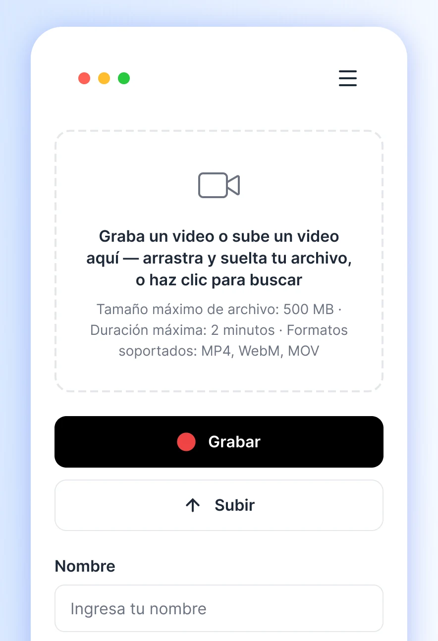 Formulario para grabar o subir un testimonio en vídeo