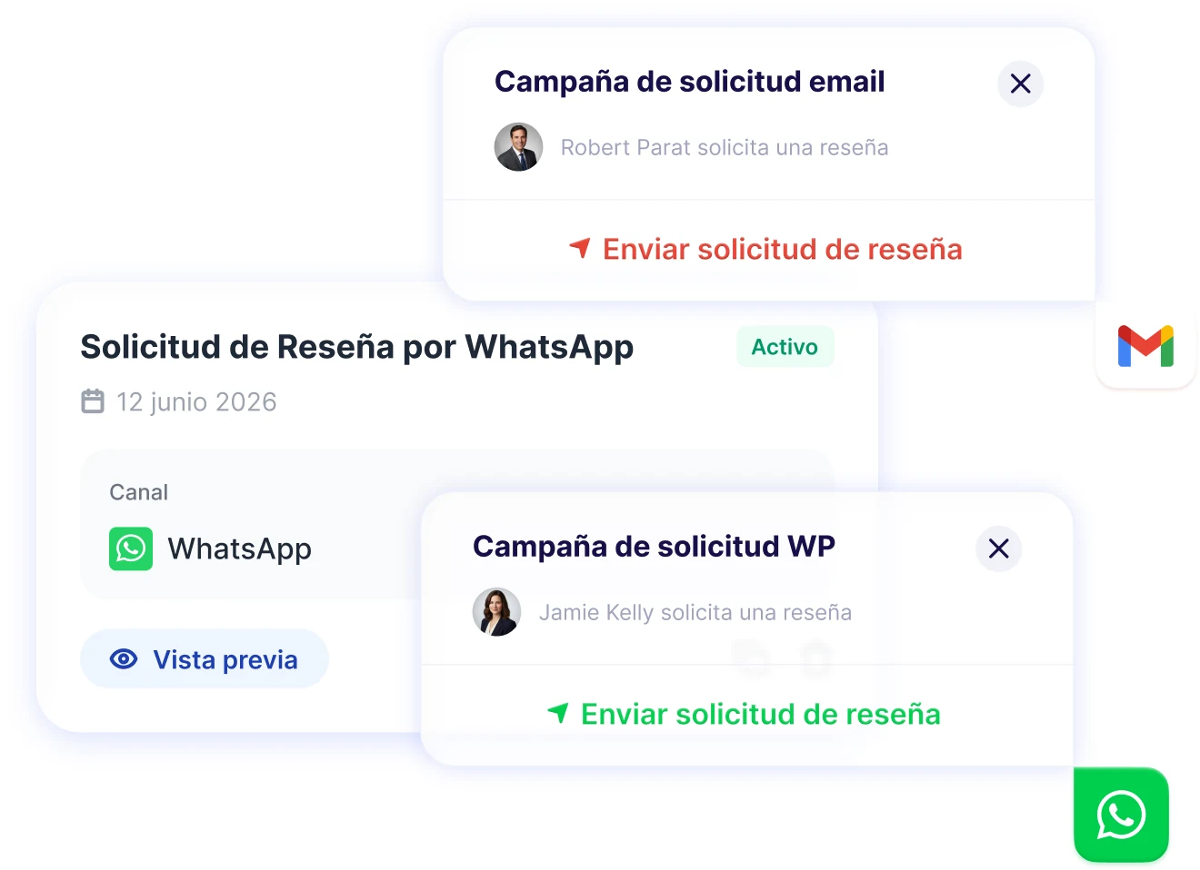 Solicitud de reseña con el canal de envío, la fecha y la plantilla seleccionada
