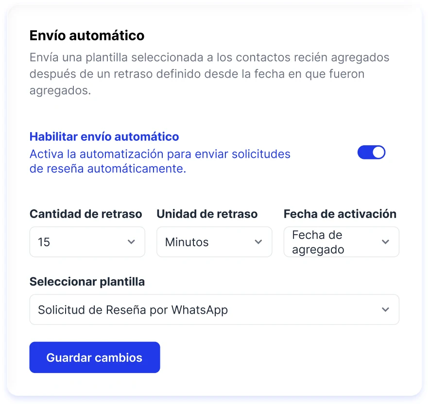 Configuración de envío automático: retraso, fecha de activación y plantilla seleccionada