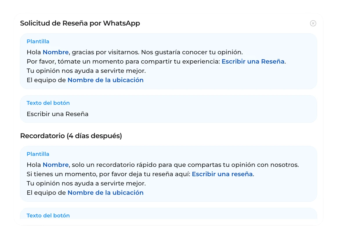 Listado de plantillas de solicitud de reseña por email, SMS y WhatsApp