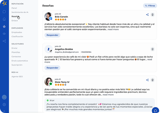 Panel de reseñas de Resenly con las opiniones recientes de tres clientes y el botón de responder
